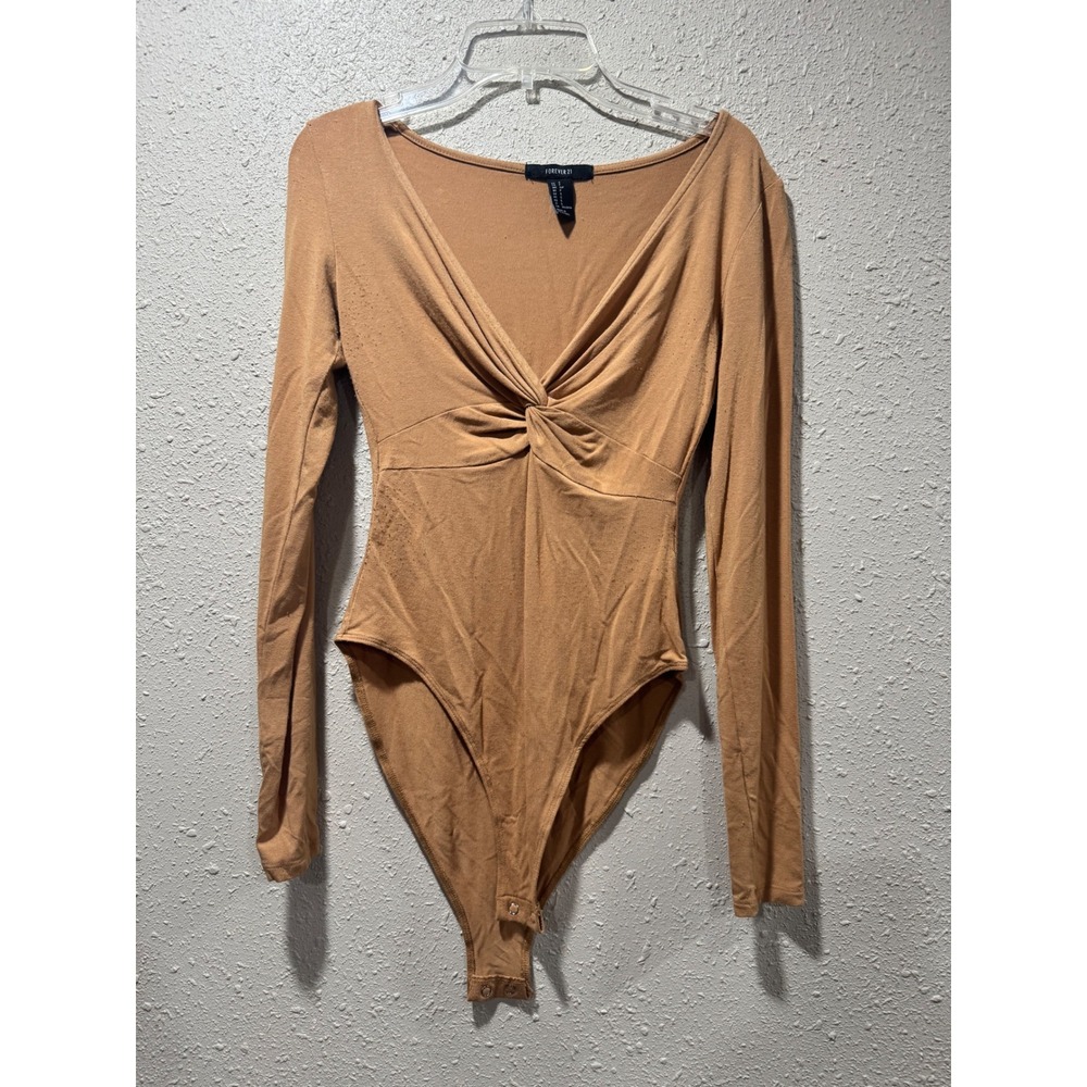 Forever 21 Tan Twist Front V-Neck Long Sleeve Bodysuit Small Camel‎ Brown